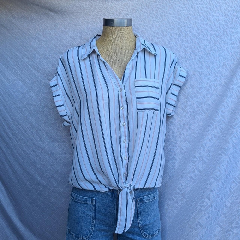 Iris Striped Button Up Blouse Womens White Excellent Tie Front Short Sleeve M